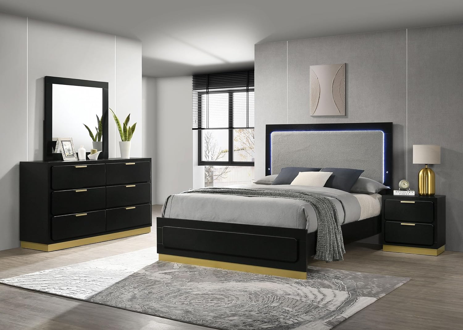 Coaster Home Furnishings Caraway Contemporary 4-Piece Bedroom Set Upholstered Eastern King Size LED Panel Bed Frame 55-inch Headboard Black 224781KE-S4