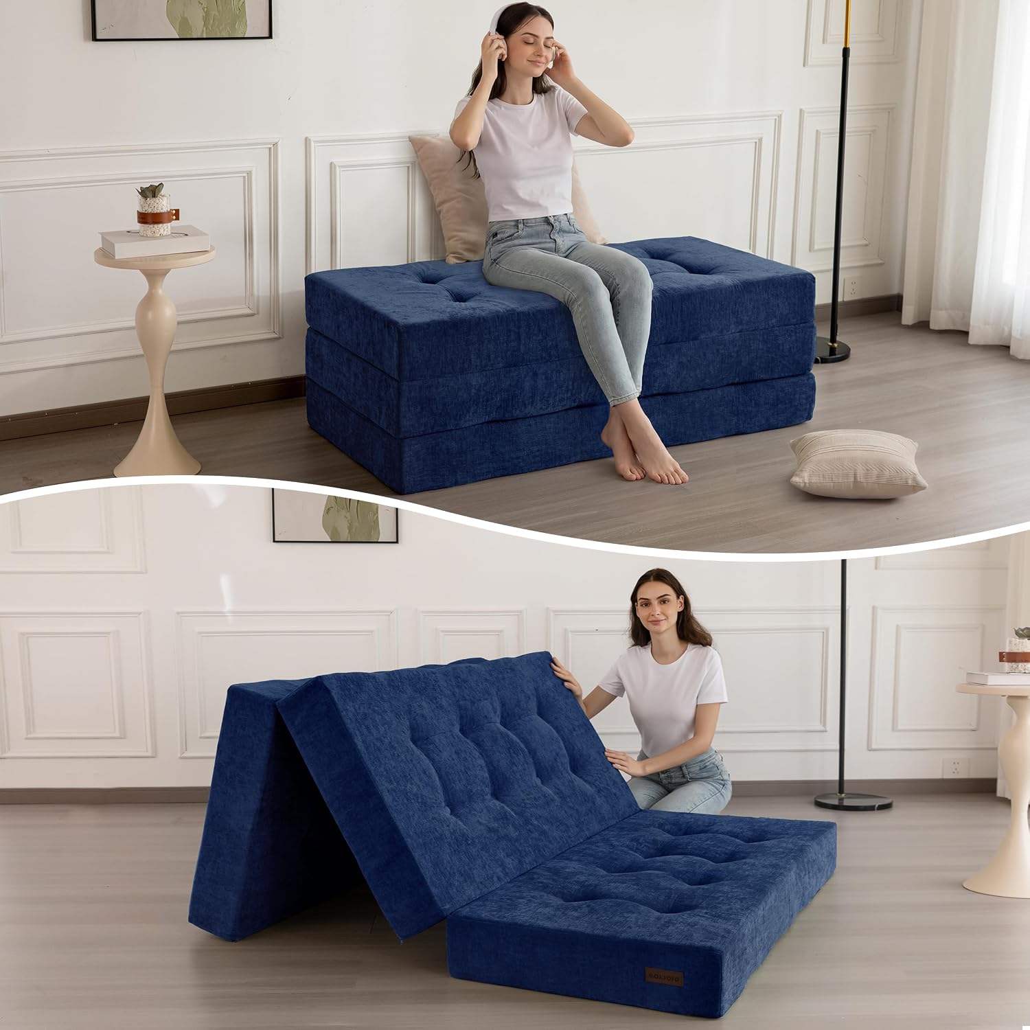 MAXYOYO 6' Folding Sofa Bed for Floor, Tufted Tri-Fold Floor Mattress with Chenille Fabric, Queen Size Portable Sofa Couch Guest Mat for Adults, Foldable Topper for Camping, Navy, 59'x78.7'
