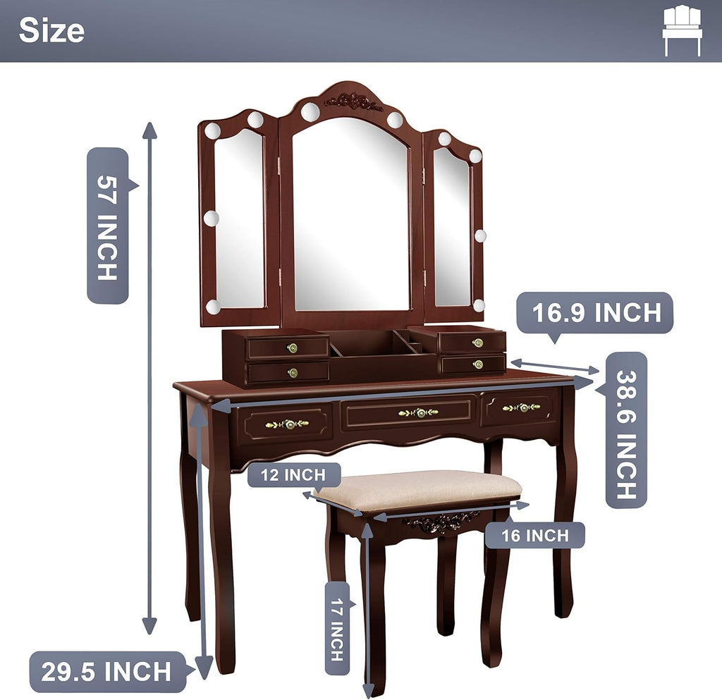ENSTVER Vintage Vanity Desk with Mirror and Lights, Tri-Folding Mirrors, 6 Organization 7 Drawers Makeup Dress Vanity Table with Cushioned Stool-Espresso