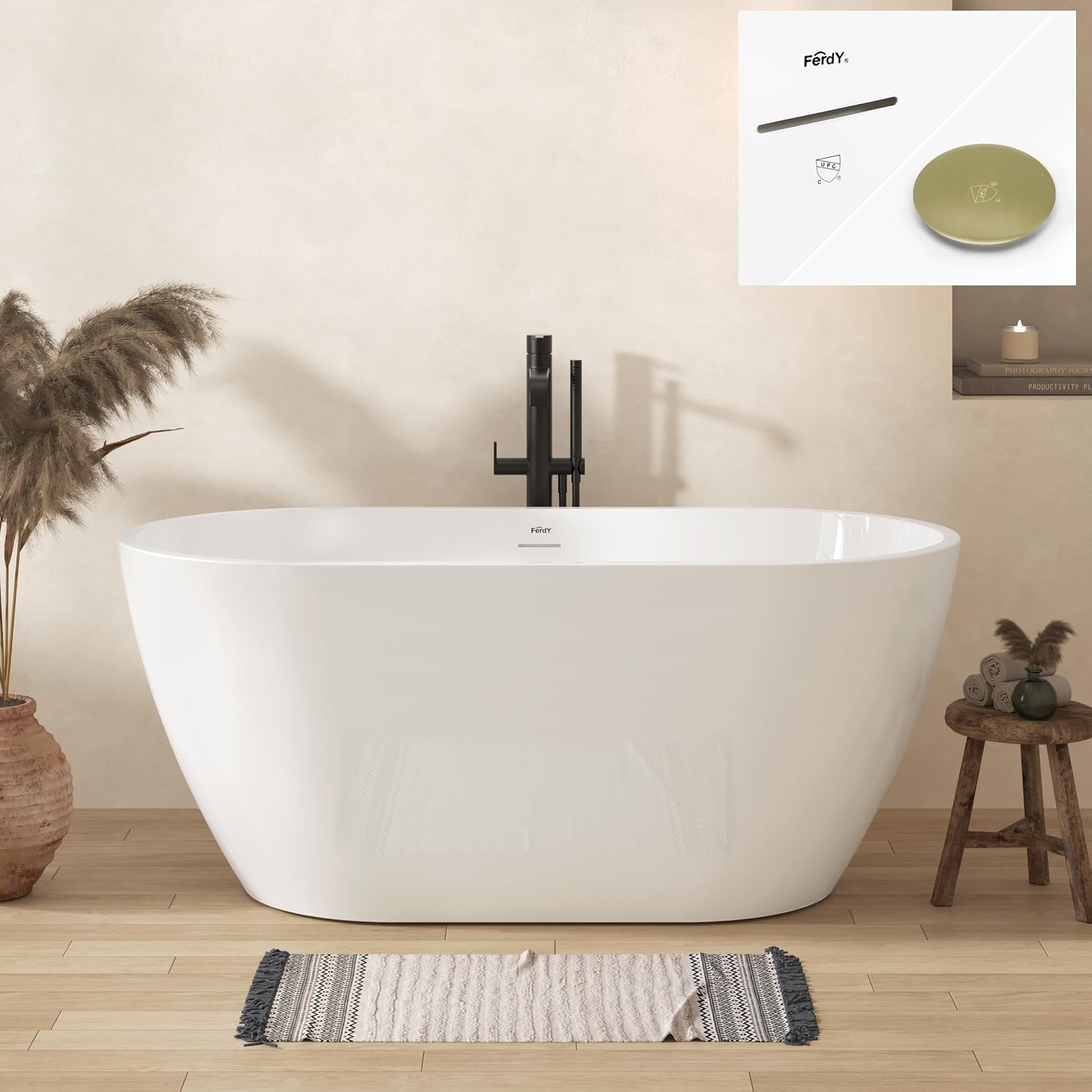 FerdY Bali 55' Freestanding Bathtub, Glossy White Freestanding soaking tub with Brushed Gold Drain & Integrated Slotted Overflow, cUPC Certified