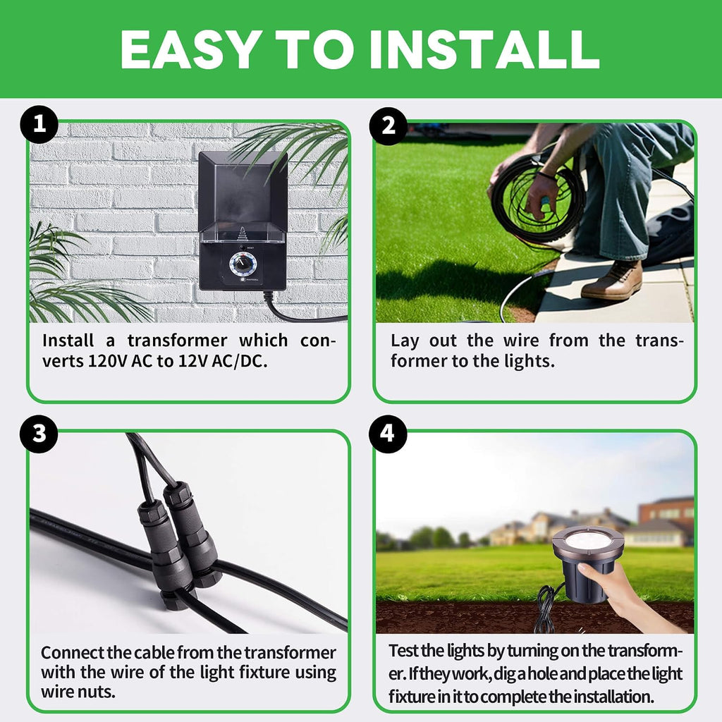 Landscape Well Lights Kit, 4 Pack LED Low Voltage Ground Lights and 100W Transformer and 100FT Cable and 20 Wire Connectors, IP67 Waterproof Aluminum for Driveway Walkway Tree 580LM