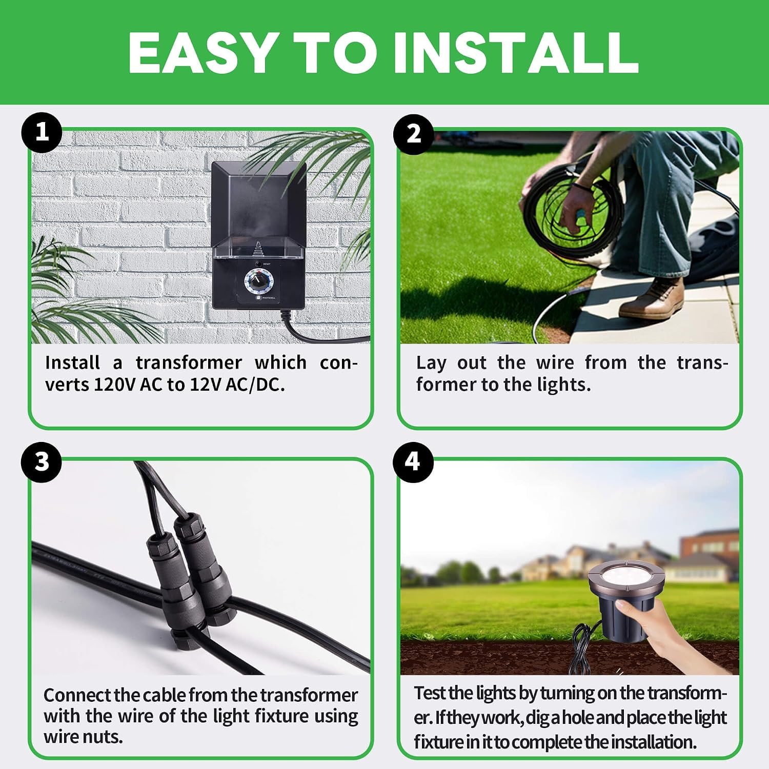Landscape Well Lights Kit, 4 Pack LED Low Voltage Ground Lights and 100W Transformer and 100FT Cable and 20 Wire Connectors, IP67 Waterproof Aluminum for Driveway Walkway Tree 580LM