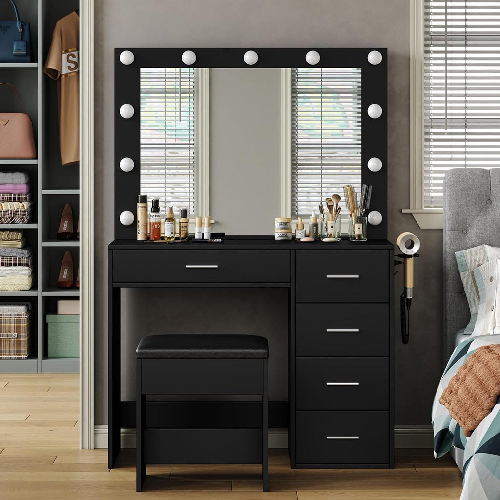 FUSOU Vanity Desk with Power Outlet, 37''W Make Up Vanity with Lighting Mirror, 3 Lighting Modes Adjustable, 5 Drawers Dressing Table for Bedroom, Dressing Room, Live Broadcast Room, Black