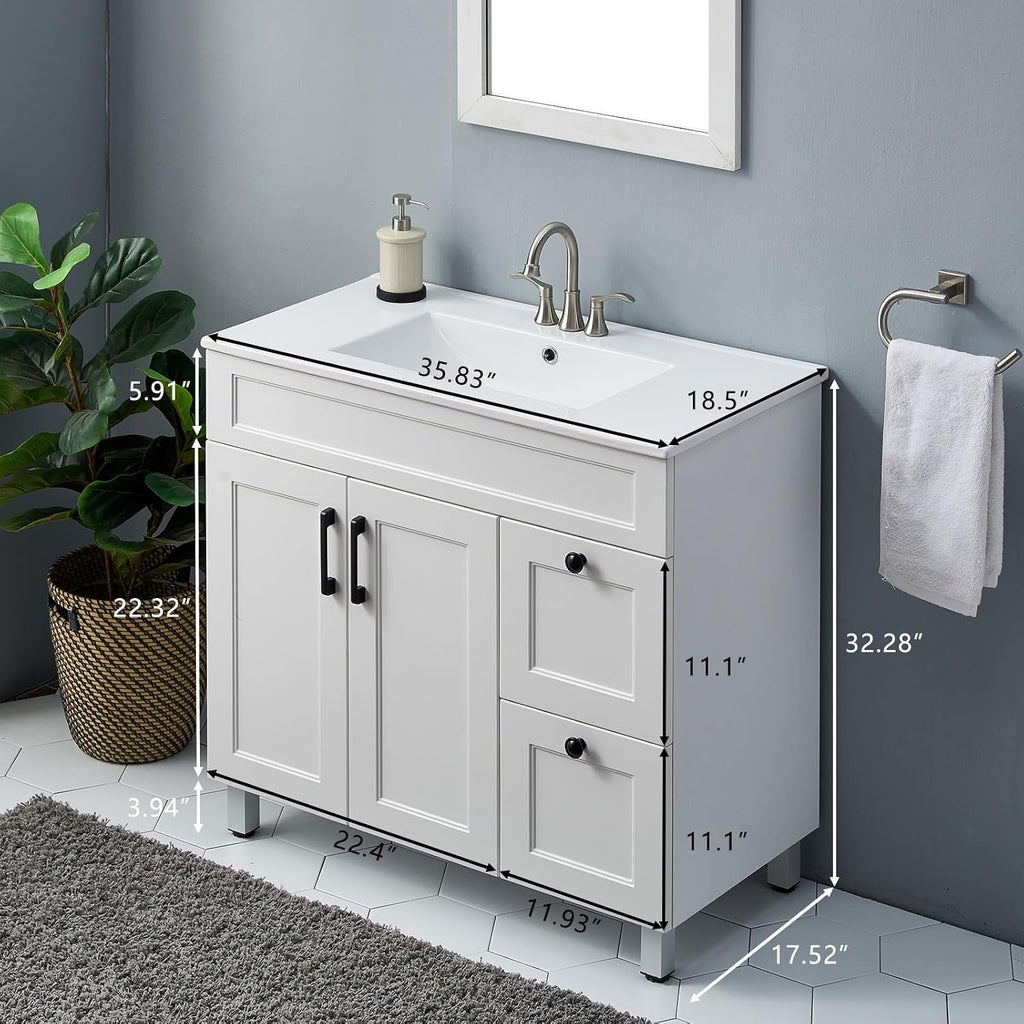 36 Inch White Freestanding Bathroom Vanity with Ceramic Sink Combo, Modern Storage Vanity with 2 Soft-Closing Doors & 2 Drawers, Ideal for Medium-Sized Bathrooms