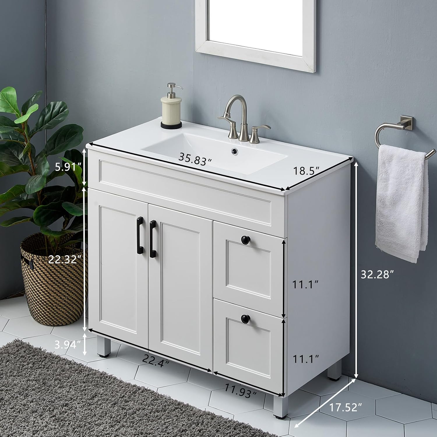 36 Inch White Freestanding Bathroom Vanity with Ceramic Sink Combo, Modern Storage Vanity with 2 Soft-Closing Doors & 2 Drawers, Ideal for Medium-Sized Bathrooms
