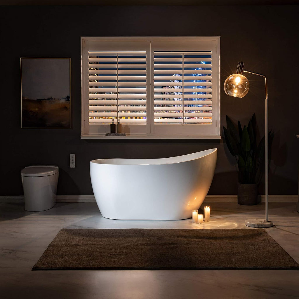 WOODBRIDGE 54' Acrylic Freestanding Bathtub Contemporary Soaking White Tub with Matte Black Overflow and Drain，BTA1507 -MB-Drain &O
