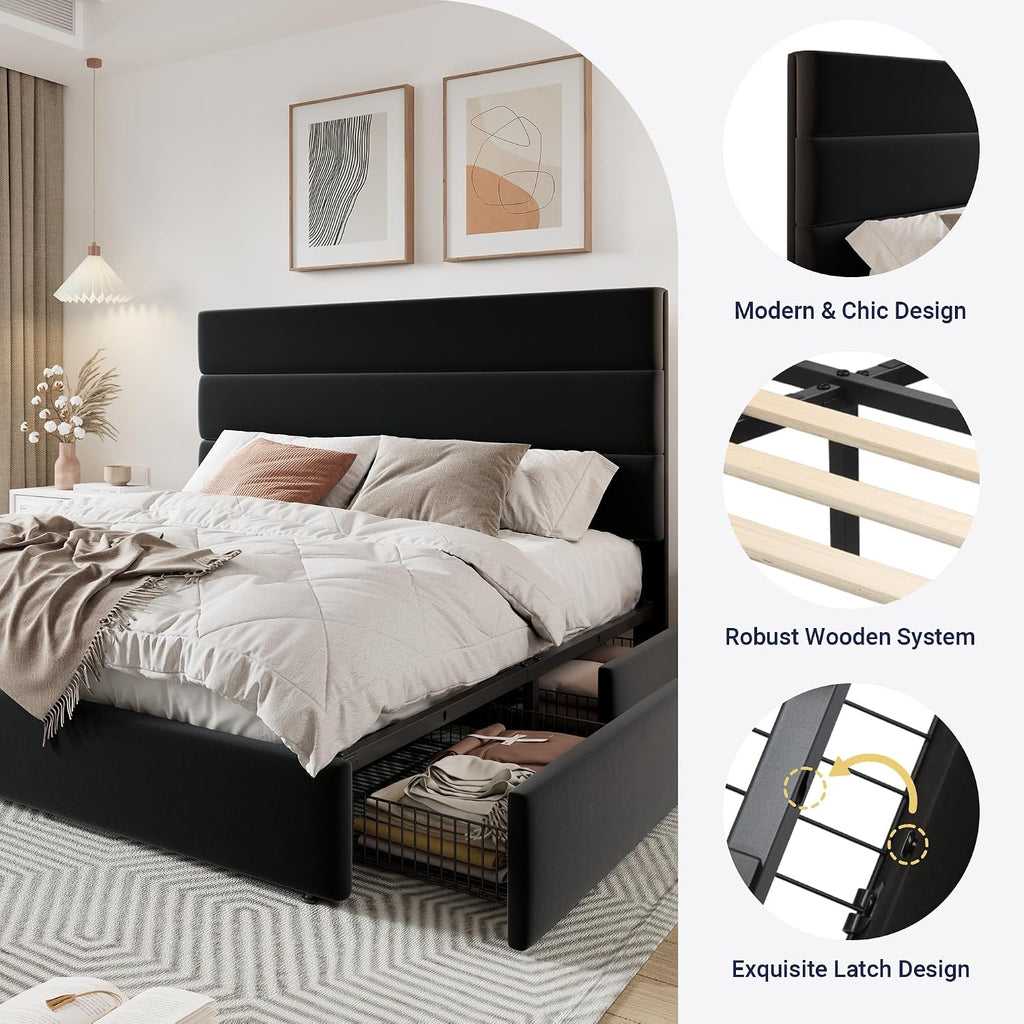 Allewie Modern Full Size Platform Bed Frame with 4 Storage Drawers and Velvet Upholstered Headboard, Wooden Slats Support, Upholstered Mattress Foundation/No Box Spring Needed/Easy Assembly, Black