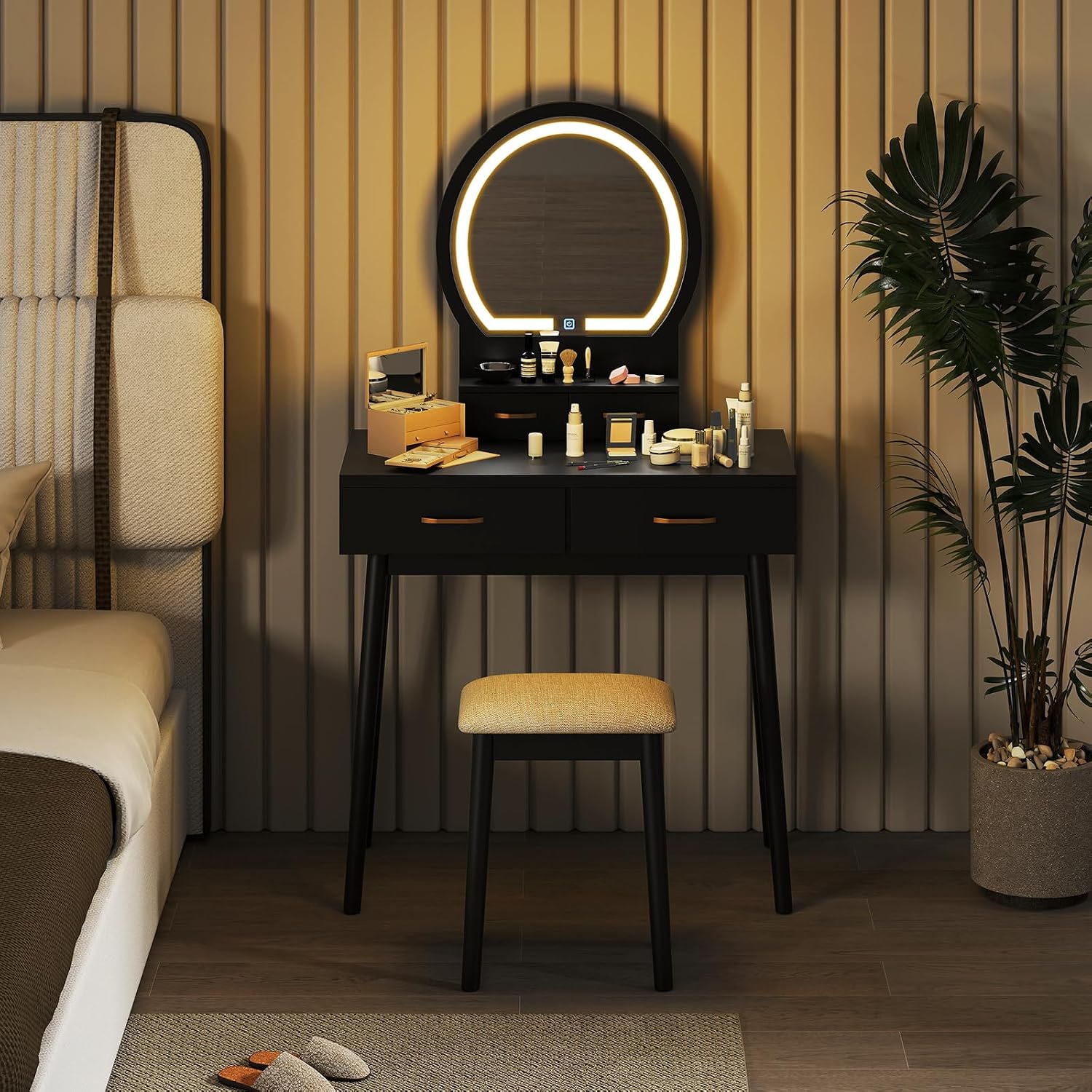 COSTWAY Small Vanity Desk with Mirror and Lights, Makeup Table with 4 Drawers, Vanity Stool, Round Lighted Mirror, 3 Color Modes, Dressing Table Set for Bedroom Small Space (Black)