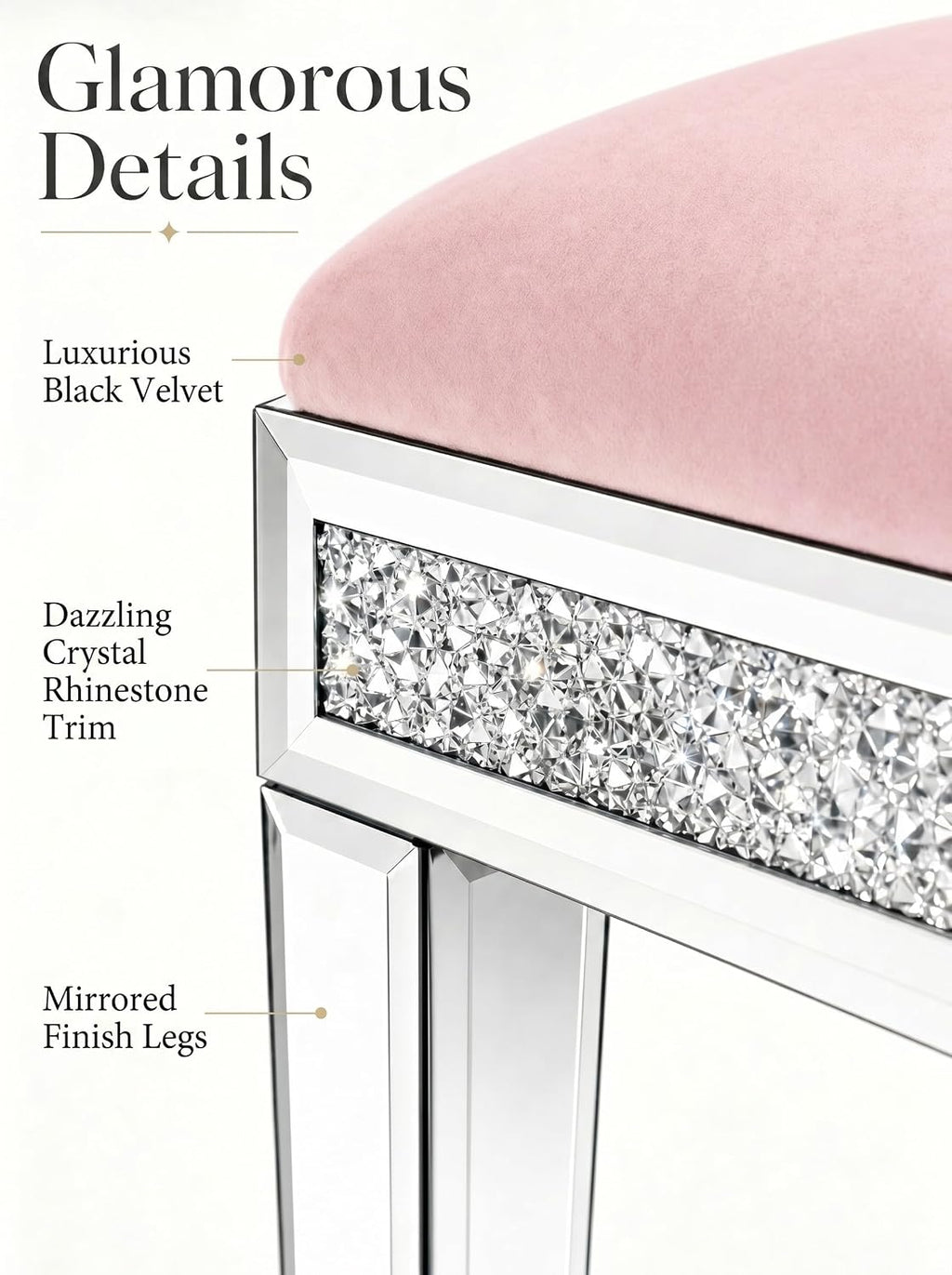 Vanity Stool with Storage – Mirrored Legs, Velvet Cushioned Ottoman, Hidden Compartment, Sparkling Diamond Trim, Glam Makeup Chair & Piano Bench - Silver & Pink