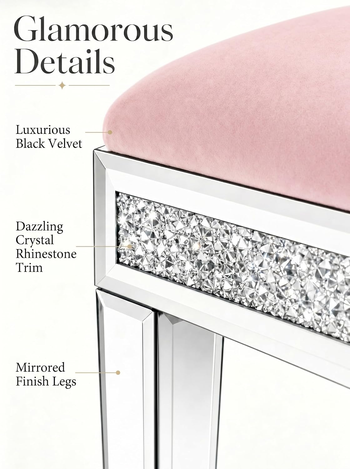 Vanity Stool with Storage – Mirrored Legs, Velvet Cushioned Ottoman, Hidden Compartment, Sparkling Diamond Trim, Glam Makeup Chair & Piano Bench - Silver & Pink