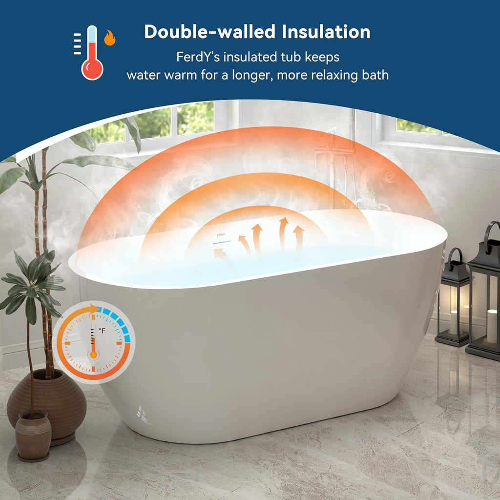 FerdY Nauru 59' Acrylic Freestanding Bathtub, Gracefully Shaped Freestanding Soaking Bathtub with Brushed Nickel Drain & Minimalist Linear Design Overflow, Glossy White, cUPC Certified