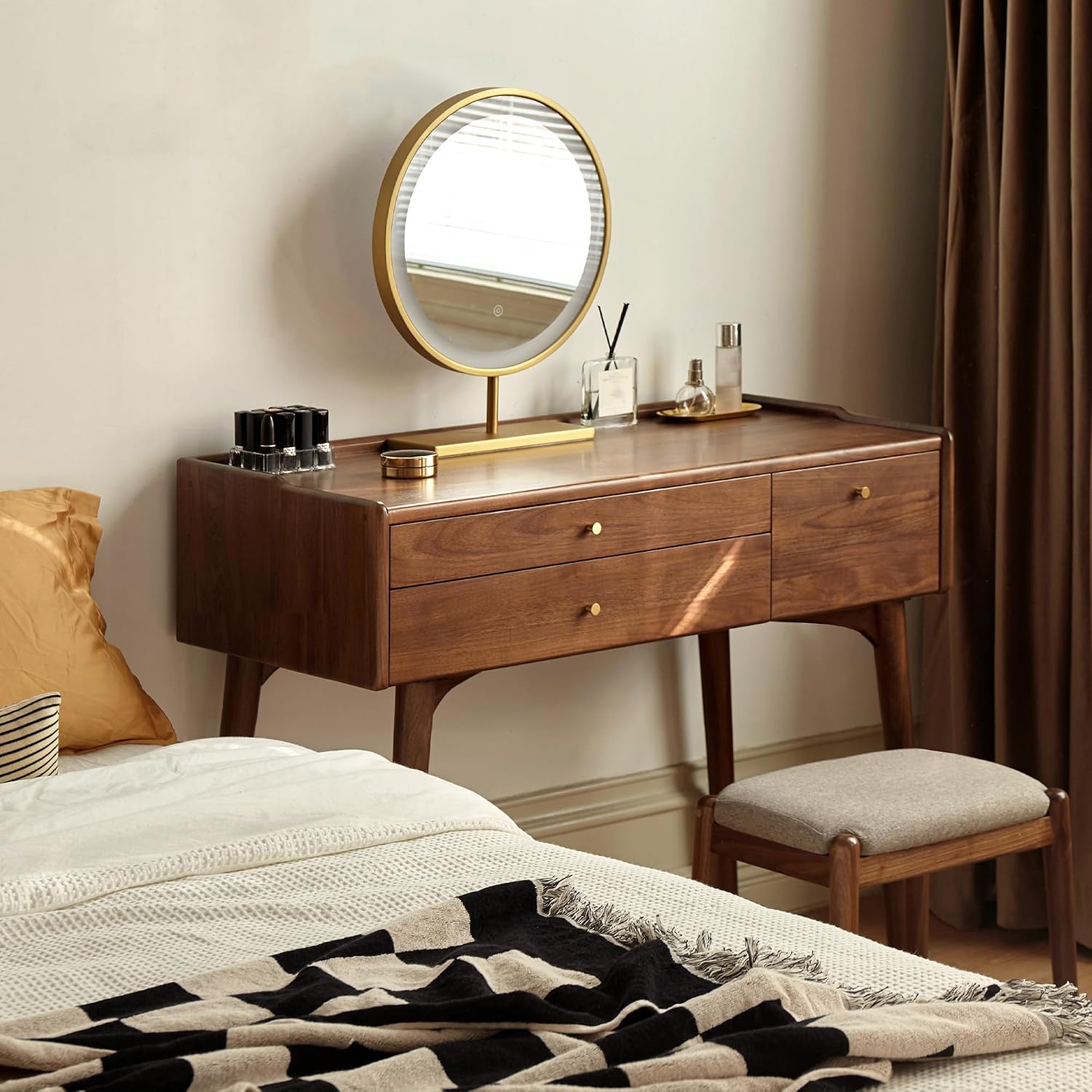YESWOOD Small Vanity Desk, North America Black Walnut Wood Dressing Table with Drawer Divider, Study Desk and Vanity Desk for Bedroom, Walnut Color, 31' D x 18' W x 32' H (Only Vanity Table)