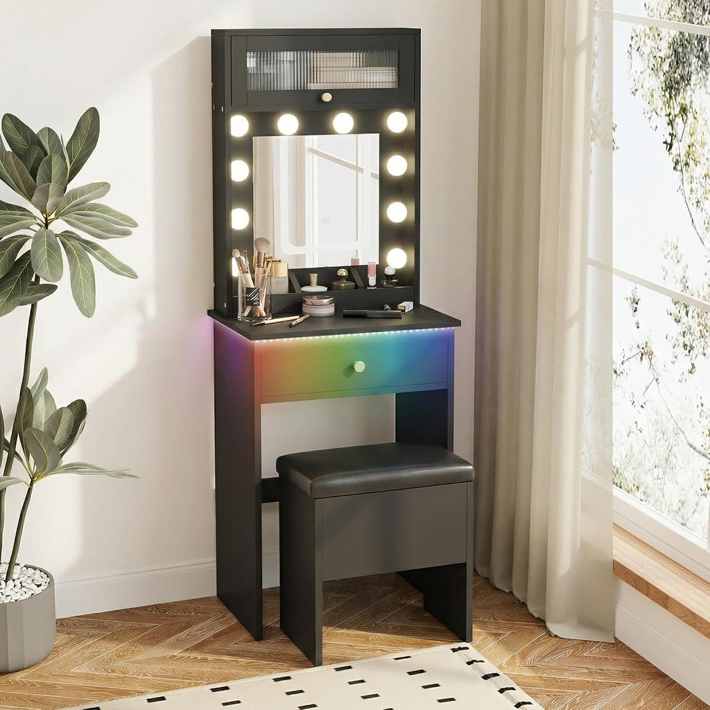 ARTETHYS Small Vanity Desk with Mirror and Lights Black Small Makeup Vanity with Storage Chair Mini Makeup Table Set for Bedroom Compact Dressing Table with RGB Lights for Tiny Space