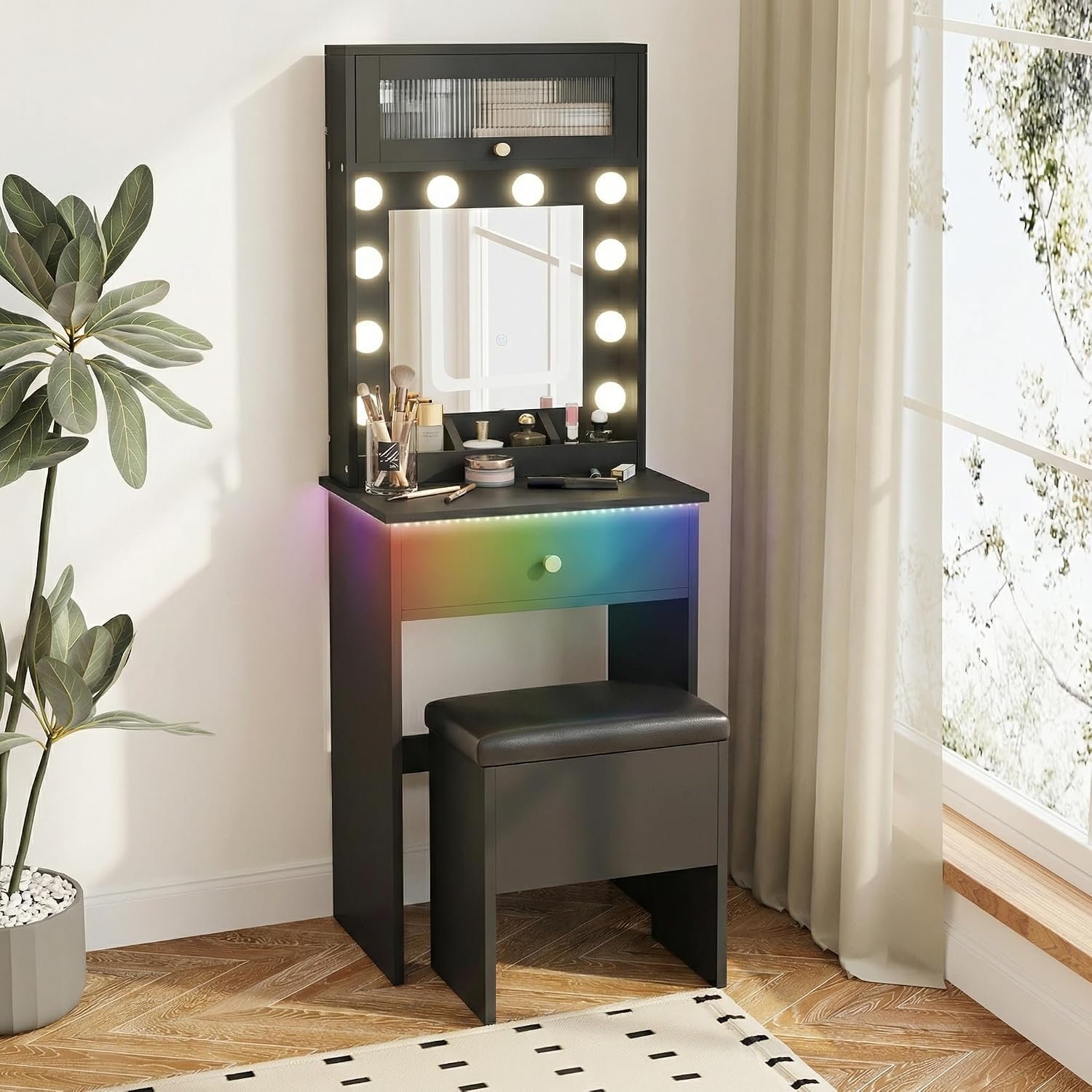 ARTETHYS Small Vanity Desk with Mirror and Lights Black Small Makeup Vanity with Storage Chair Mini Makeup Table Set for Bedroom Compact Dressing Table with RGB Lights for Tiny Space