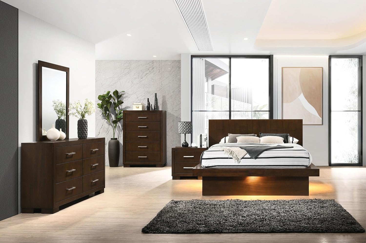 Coaster Home Furnishings Jessica Contemporary 5-Piece Bedroom Set Eastern King Size LED Panel Bed Frame 43-inch Headboard Cappuccino 200711KE-S5