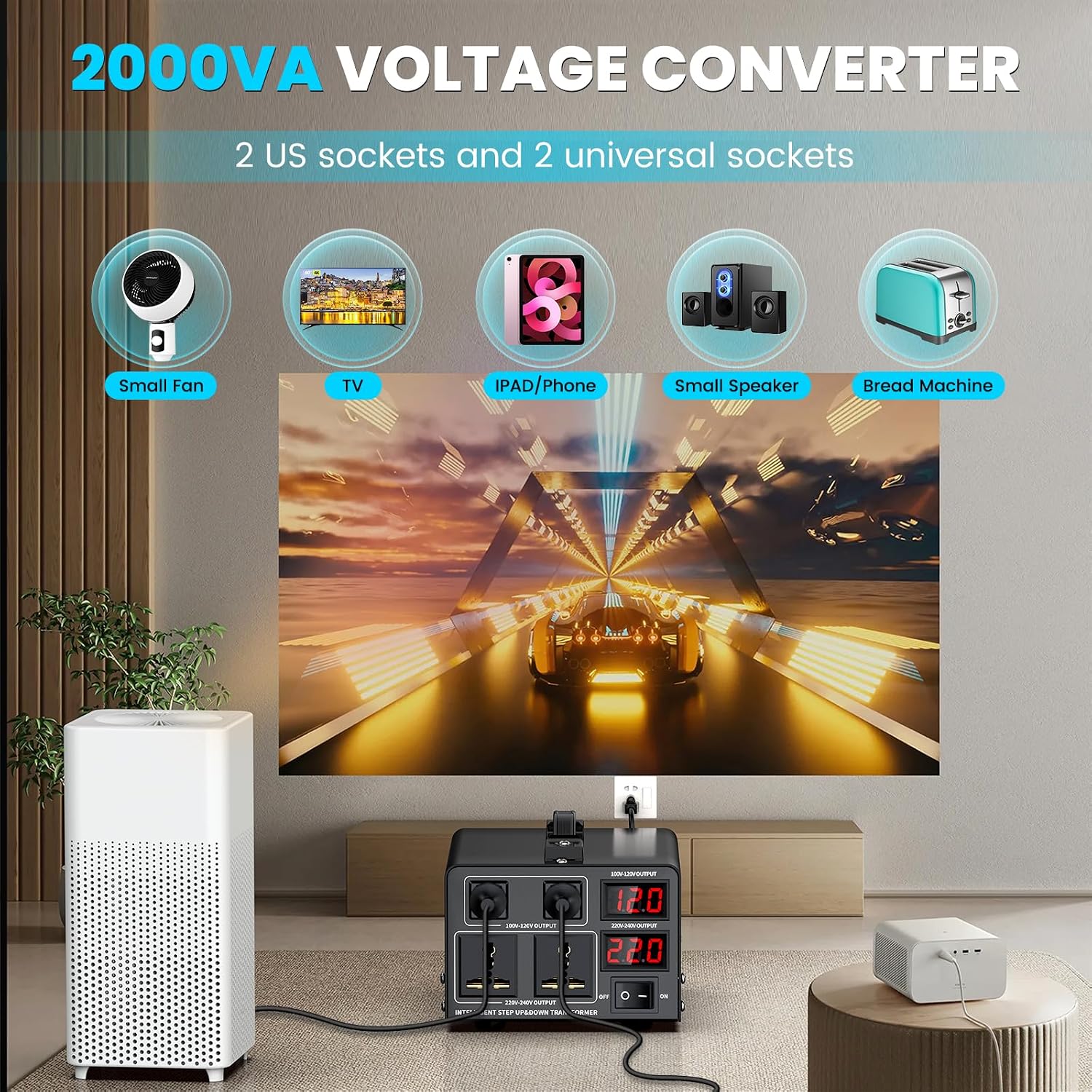 2000W Voltage Converter Transformer(110V to 220V or 220V to 110V) Step Up/Down Converter 110/120 Volt - 220/240 Volt w/US Power Cord,Circuit Breaker Protection, LCD Screen Display