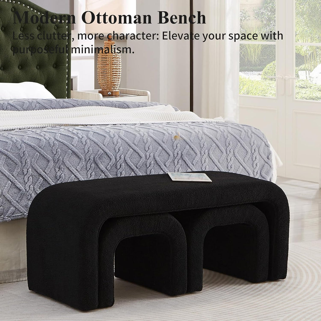 3-Piece Modern Ottoman Bench Set, 44' Wide Teddy Upholstered End of Bed Bench with 2 Foot Stools, Padded U-Shaped Entry Bench Vanity Stool for Living Room Bedroom (Black)
