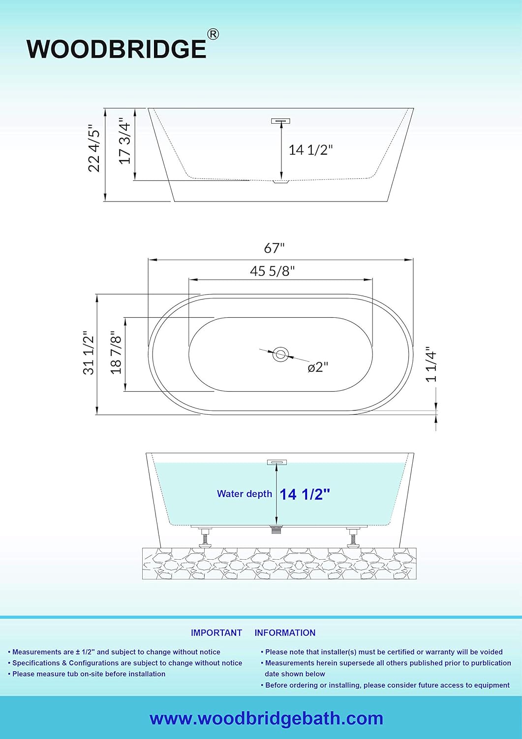 WOODBRIDGE 67'Freestanding White Acylic Soaking Bathtub with Drain Kit and Floor Mount Tub Filler in Brushed Gold,BTA1513 -BG-Drain &O +F0007BGVT
