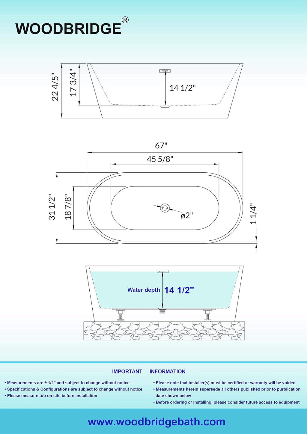 WOODBRIDGE 67'Freestanding White Acylic Soaking Bathtub with Drain Kit and Floor Mount Tub Filler in ORB,BTA1513 -ORB-Drain &O+F0010ORBVT