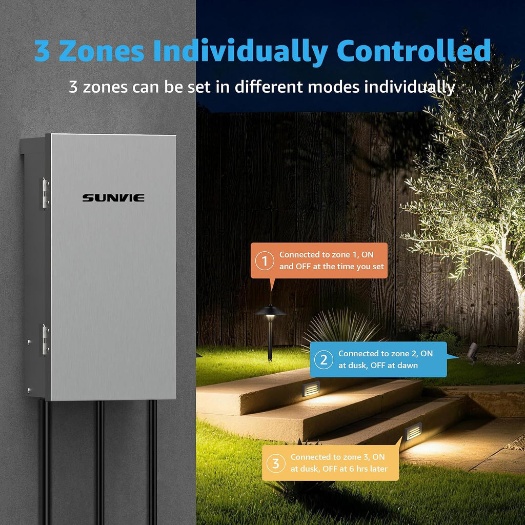 SUNVIE 300W Low Voltage Landscape Transformer 3 Zones Landscape Lighting Transformer with Timer & Photocell Sensor Waterproof Low Voltage Transformer 120V to 12V/14V AC for Outdoor Garden Path Lights