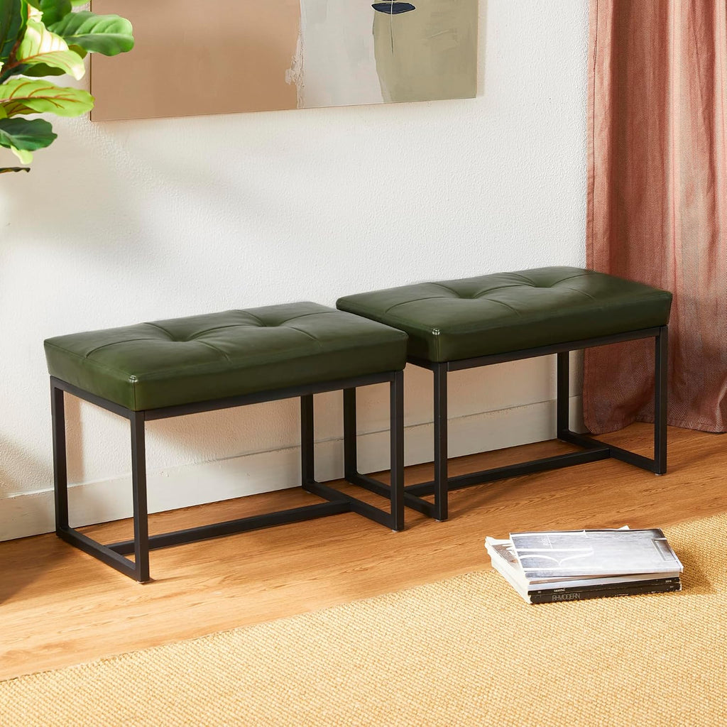 Glitzhome Ottoman Bench Pack of 2, Modern PU Leather Vanity Stools Chairs with Metal Frame, Makeup Stool Padded Foot Rest Stool for Living Room Vanity, Entryway, Bathroom,Green