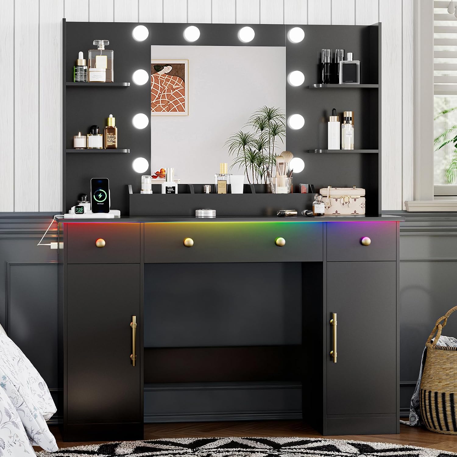 Vanity Desk with Mirror and Lights, 43'' Makeup Dressing Table Set with 5 Drawers & Power Outlet, 3 Lighting Modes Brightness Adjustable, Vanity with RGB Ambient Light for Women Girls Bedroom, Black