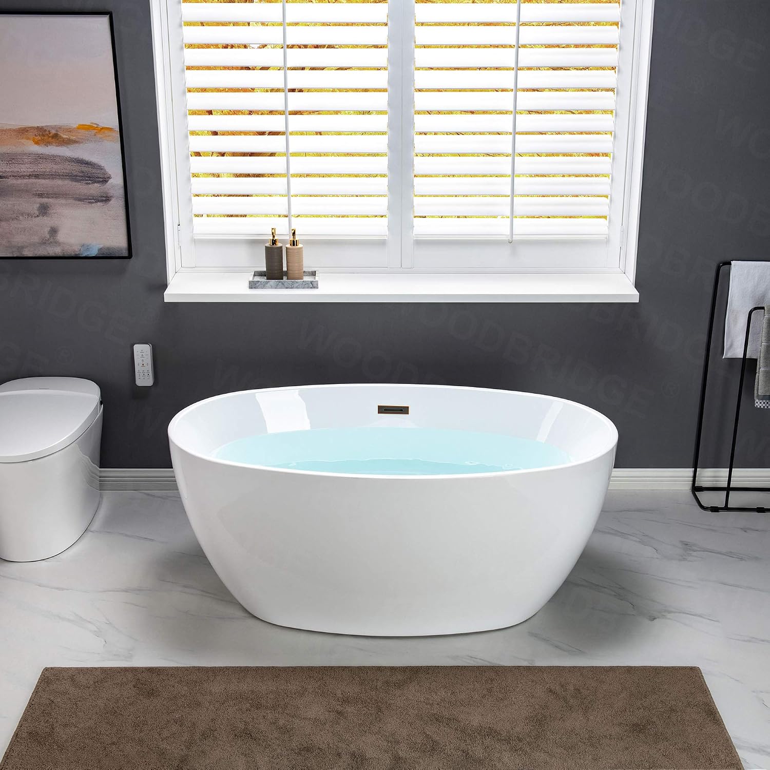 WOODBRIDGE 55' Acrylic Freestanding Bathtub Contemporary Soaking White Tub with Oil Rubbed Bronze Overflow and Drain,BTA1418 -ORB