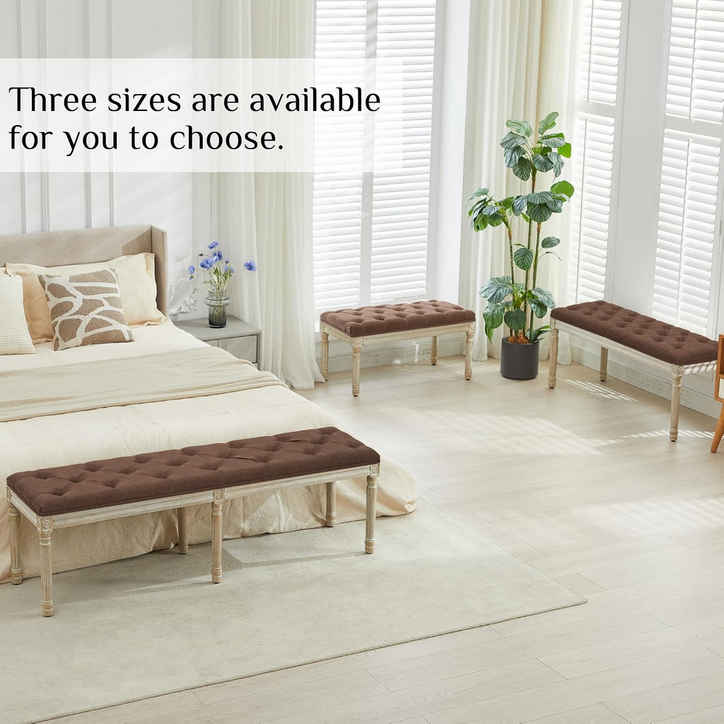 LOULENS 57.7' Linen Fabric End of Bed Bench, French Upholstered Button Tufted Bench for Bedroom End of Bed King Size, Window Seat with Carved Wood Legs for Bedroom, Living Room, Entryway, Brown