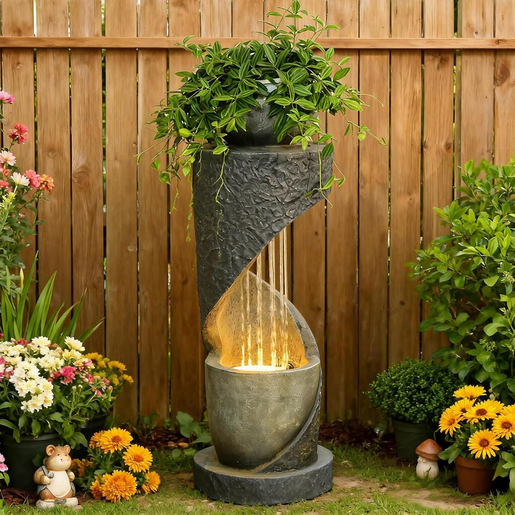 Sunlinua Outdoor Water Fountain with LED Light, Modern Spiral Tiered Outdoor Fountain with Stone Planter Curved Freestanding Waterfall Fountains for Garden Patio Deck Porch