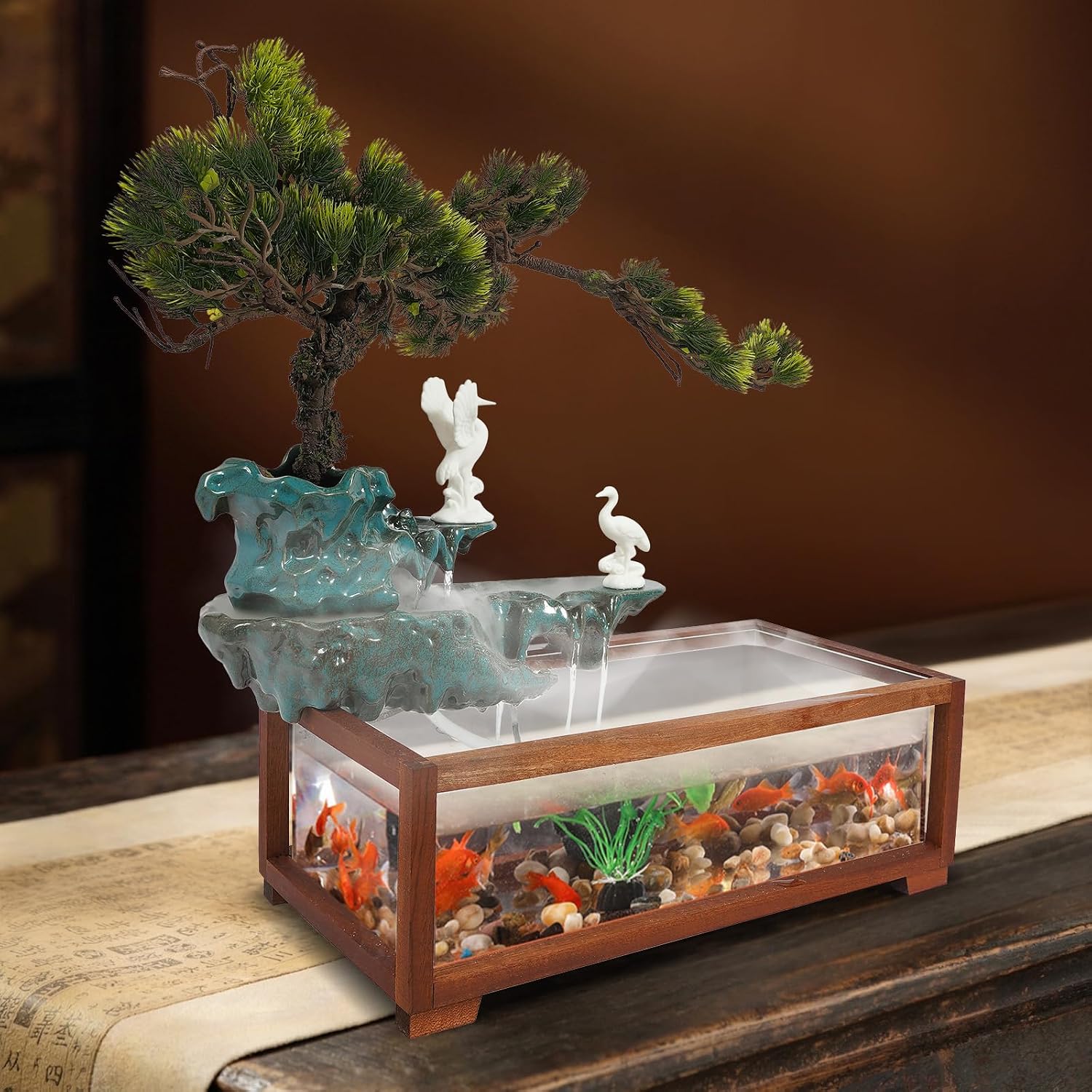 Antique Style Tabletop Water Fountain with Fish Tank & Atomizer, Indoor Ceramic Desktop Fountain with LED Light, Waterfall Feng Shui Zen Meditation Indoor Fountains for Home & Office