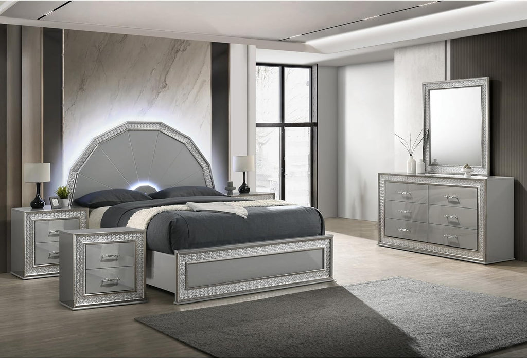 Furniture of America Santte Glam Solid Wood 5-Piece Bedroom Set with 7-Ray Headboard and Rectangle Mirror, Backlit LED, Metallic Scale Molding Trim, No Box Spring Needed, Queen, Metallic Gray