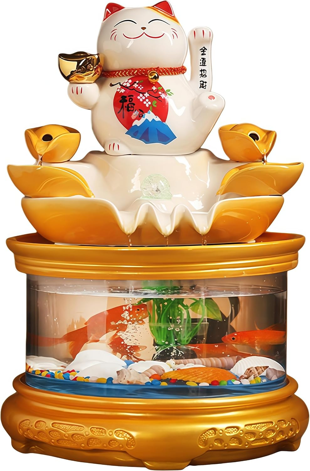 Tabletop Water Fountain Indoor with Maneki Neko, Money Lucky Cat, Fish Tank Decorations for Feng Shui Decor & Gifts for Home, Feng Shui Statue, Chinese New Year Decoration, Chinese Decor & Gifts (A)