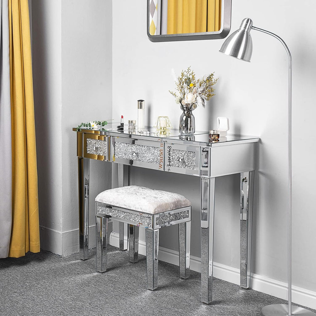 VINGLI Silver Mirrored Vanity Desk, Glass Vanity w/Drawers and Flip Mirror, Bling Mirror Vanity Desk for Women Girls Bedroom, Makeup Room & Office Writing Desk