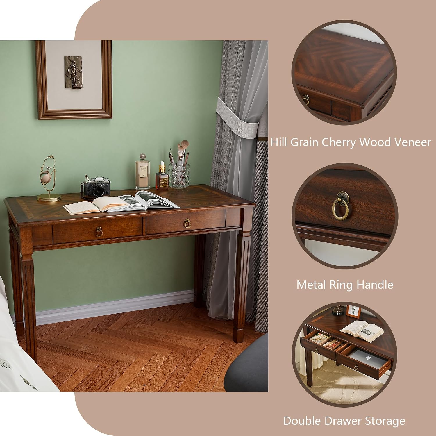 Solid Wood Makeup Vanity Table Set, 46.1' Large Dressing Vanity Table with 2 Drawers and Vanity Bench Stool Writing Desk with Solid Wood Legs & Button Tufted Cushioned Stool, Cherry&Beige