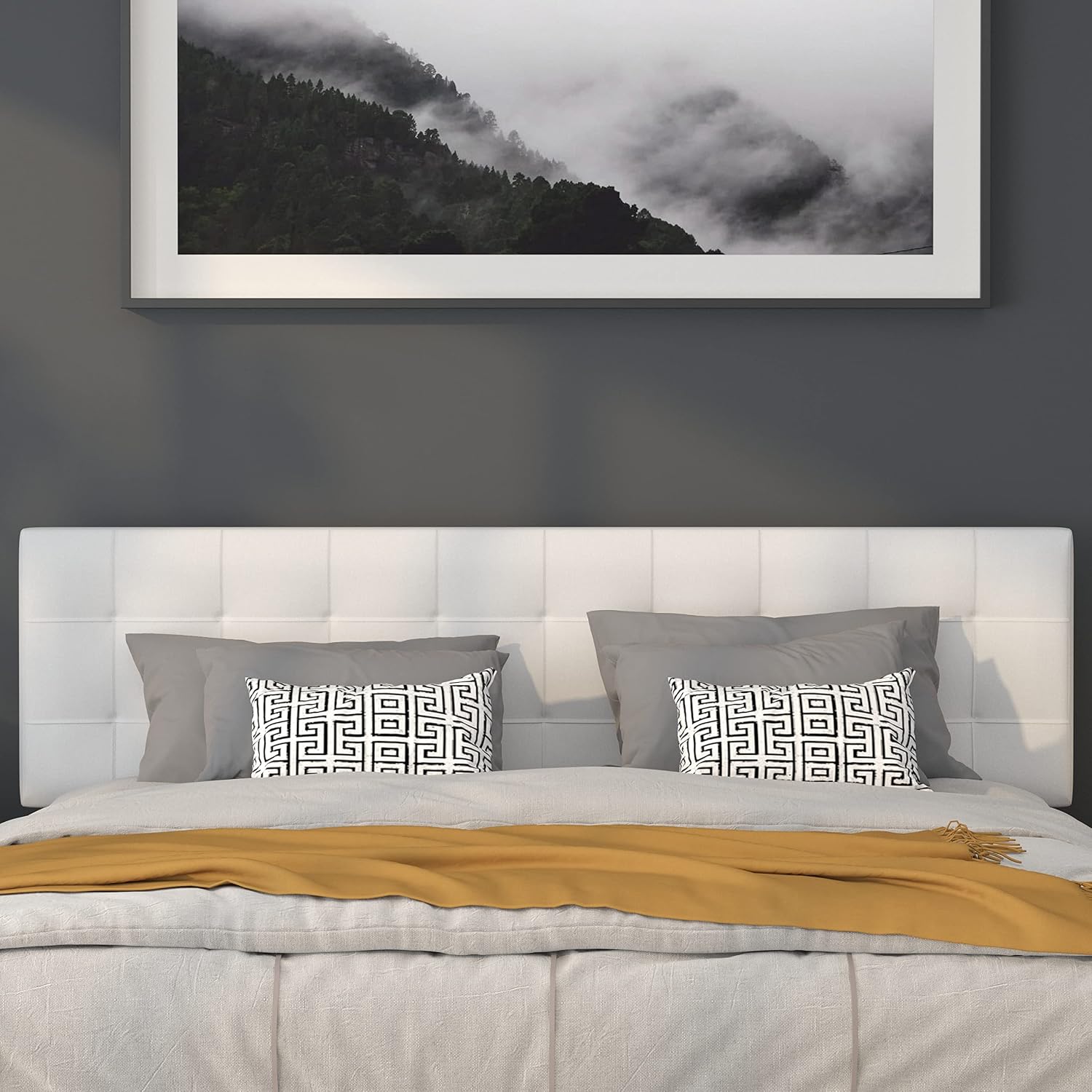 Flash Furniture Bedford Box Stitch Tufted Upholstered King Size Headboard in White Fabric