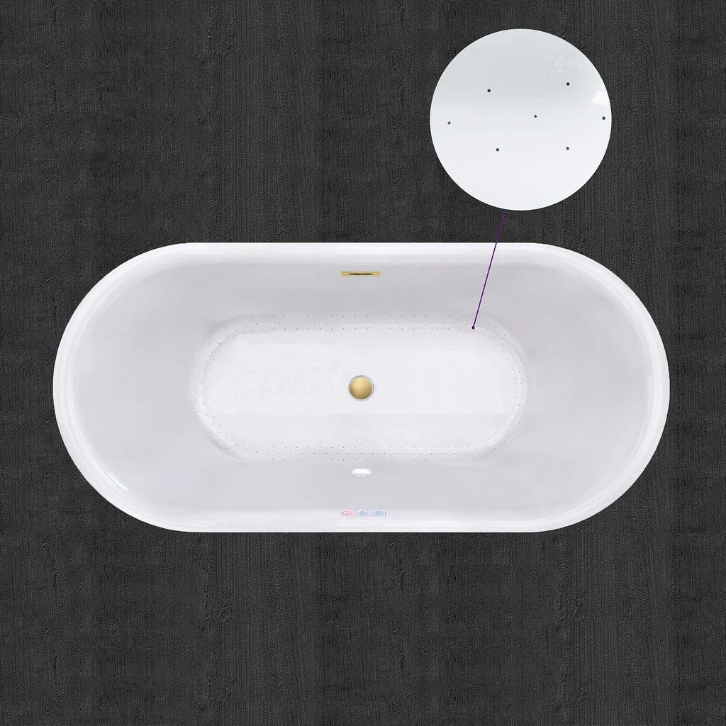 WOODBRIDGE 67' Acrylic Freestanding Bathtub Contemporary Soaking White Tub with Brushed Gold Overflow and Drain，B0101 -BG-Drain &O