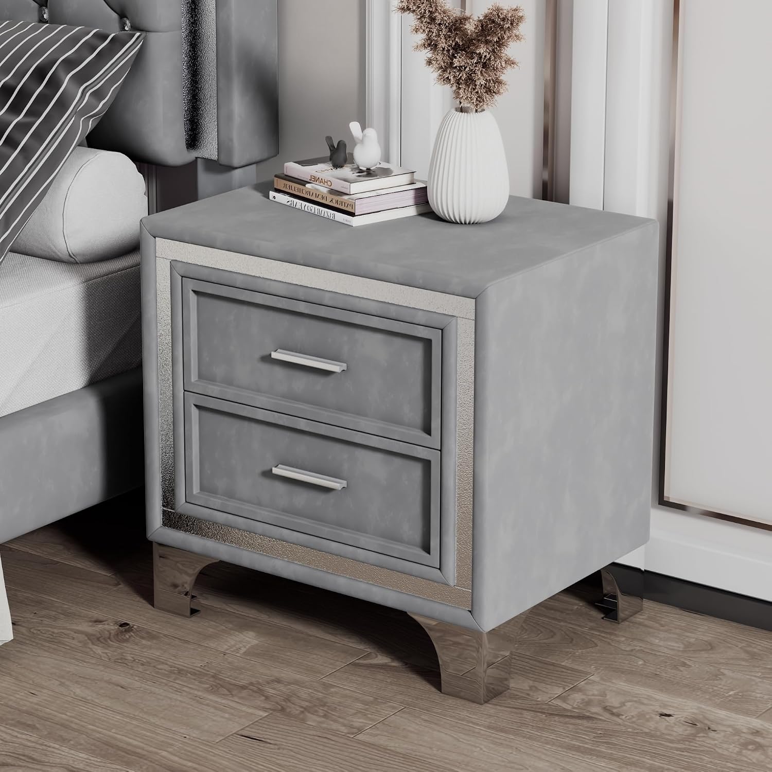 VilroCaz Elegant Velvet Design 3-Pieces Bedroom Sets, Modern Full Size Platform Bed with 2 Nightstands, Bedside Table, Rivet Design Tufted Headboard (Grey-CB, Full)