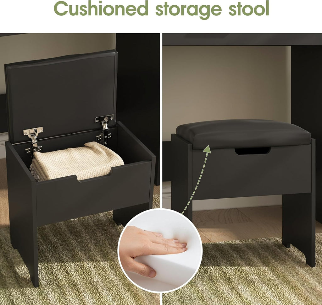 Vabches Small Vanity Desk with Mirror and Lights, Makeup Vanity with Storage Chair & Power Strip,Girl Dressing Table Set with Drawer for Bedroom,3 Lighting Modes,Brightness Adjustable,Black
