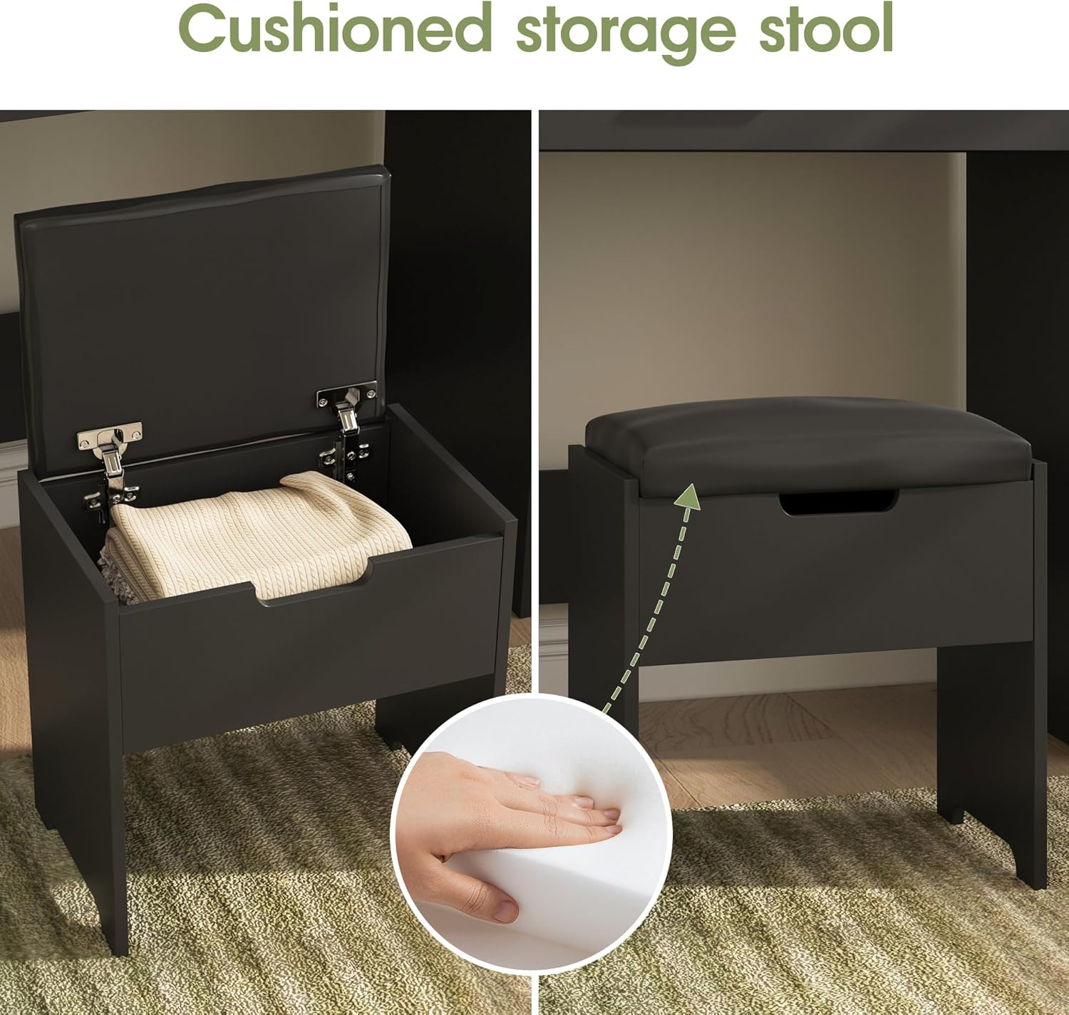 Vabches Small Vanity Desk with Mirror and Lights, Makeup Vanity with Storage Chair & Power Strip,Girl Dressing Table Set with Drawer for Bedroom,3 Lighting Modes,Brightness Adjustable,Black