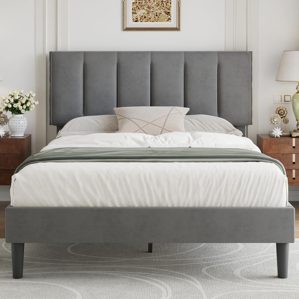 VECELO Full Size Bed Frame with Upholstered Headboard, Platform Bedframe with Strong Wooden Slats Support, No Boxing Spring Needed, Dark Grey