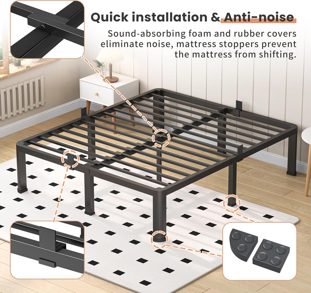 VIPSHOW 12 Inch Queen Heavy Duty 3500 lbs Bed Frame with Round-Corner Legs & Anti-Squeak Design – Quick Assembly Metal Platform, No Box Spring Needed