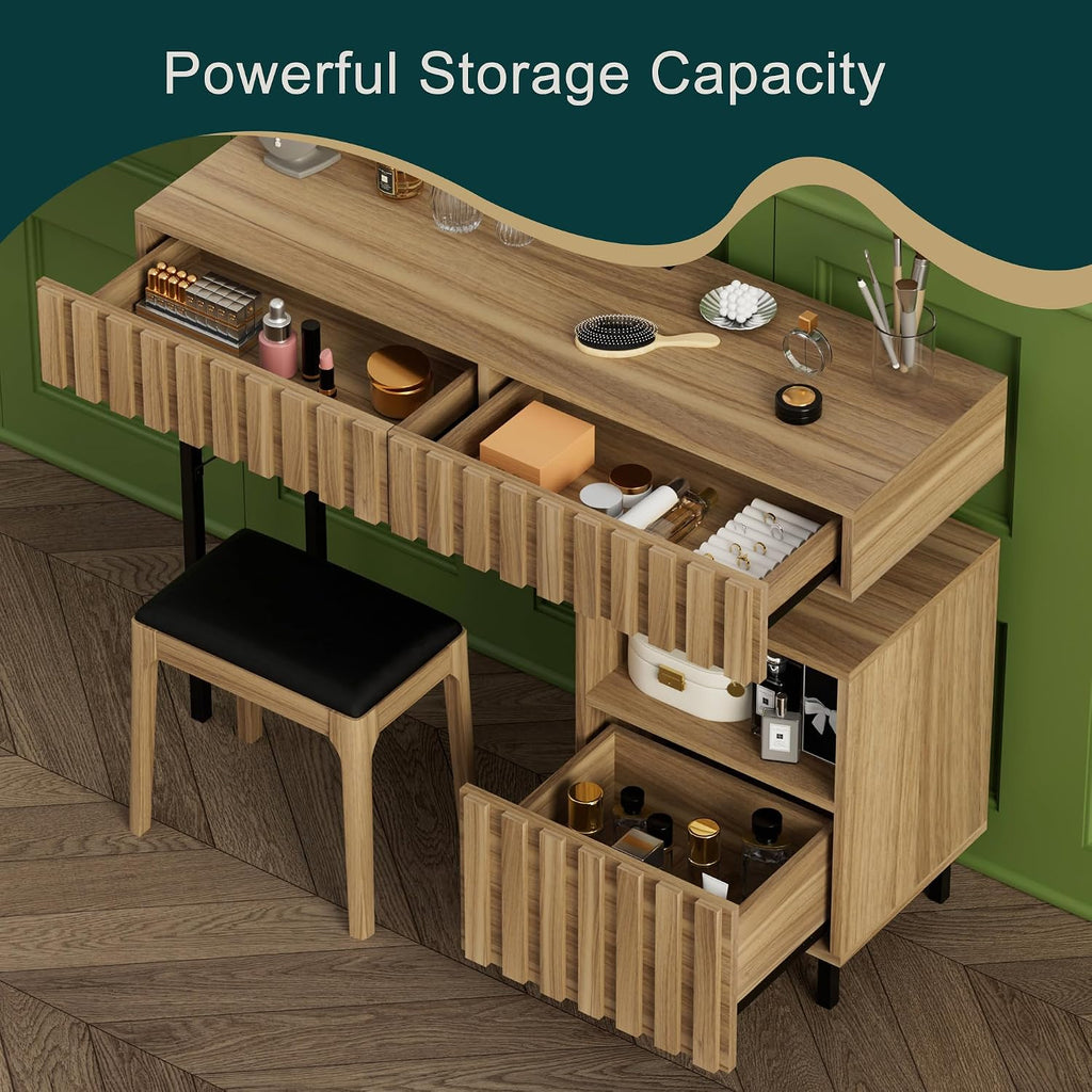 UEV Wood Vanity Desk with Mirror,Makeup Vanity Set with Drawer Chest,Vanity Dressing Table Makeup Desk Set with Storage Space for Bedroom(Wood)