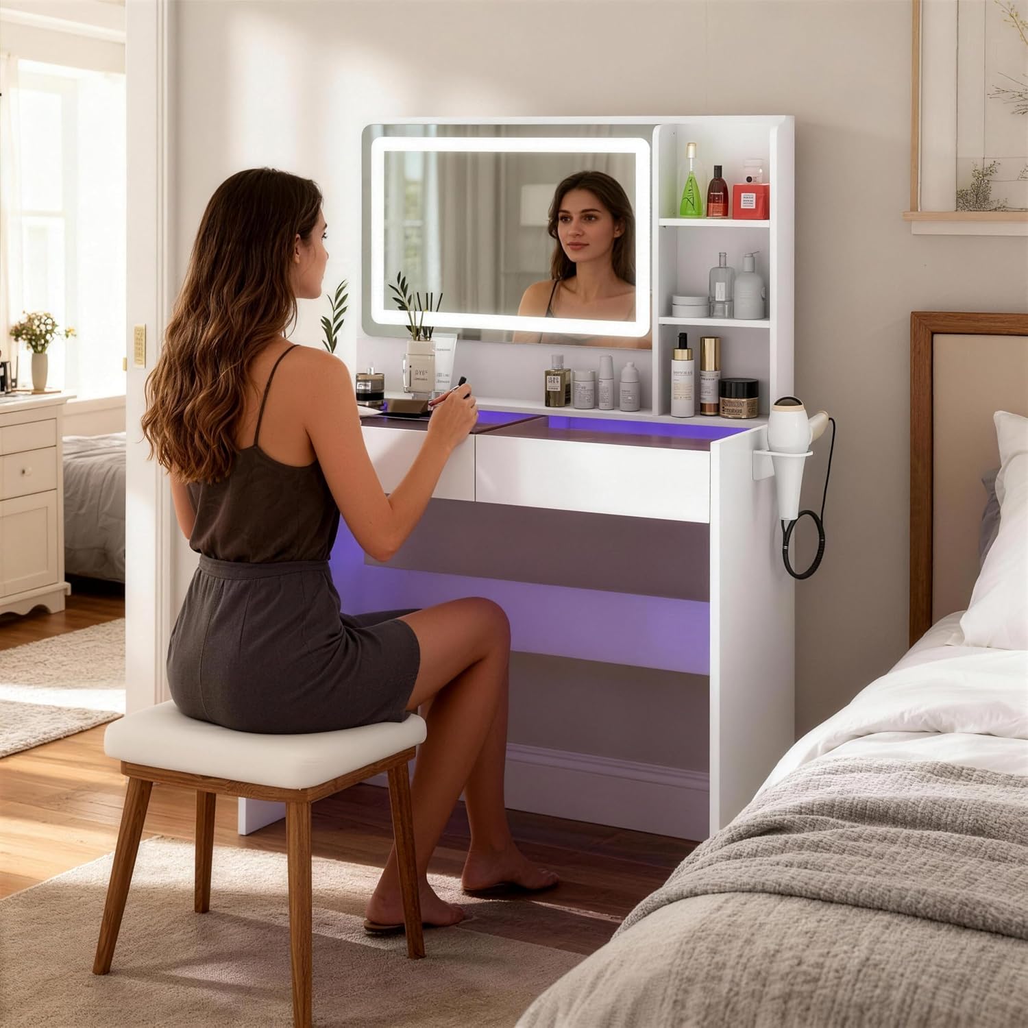 Vanity Desk,Makeup Vanity Desk with Mirror and Lights,Transparent Top with LED Multiple Color Lights,Mirror 3 Color Modes 2 Drawers,Power Outlet,Dressing Table for Girls Bedroom,White