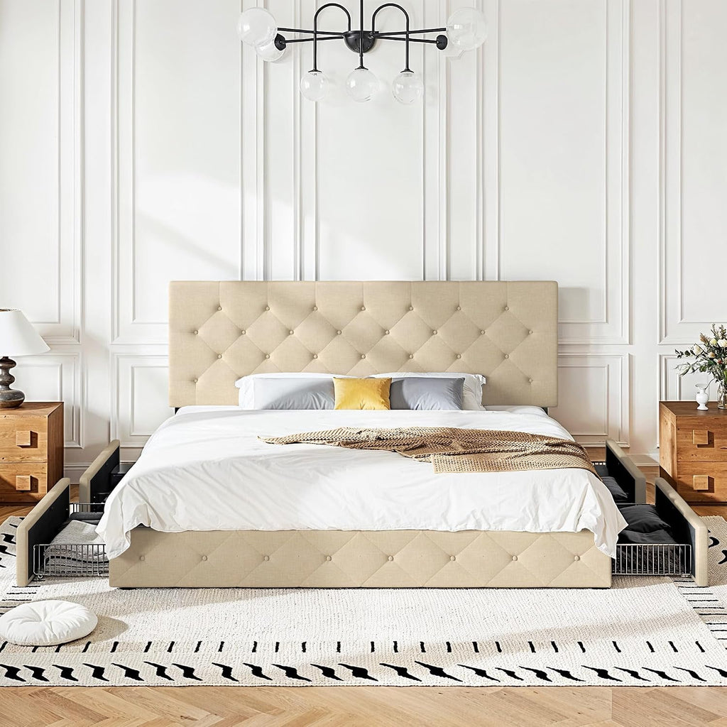 HOOMIC King Platform Storage Bed Frame with 4 Drawers & Adjustable Headboard, Wooden Slats, No Box Spring Needed,Diamond Stitched Button Tufted Design,Beige