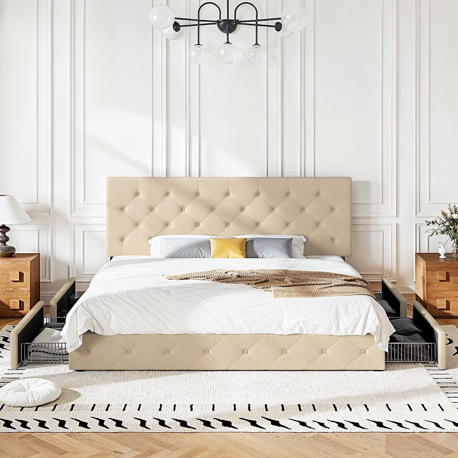 HOOMIC King Platform Storage Bed Frame with 4 Drawers & Adjustable Headboard, Wooden Slats, No Box Spring Needed,Diamond Stitched Button Tufted Design,Beige