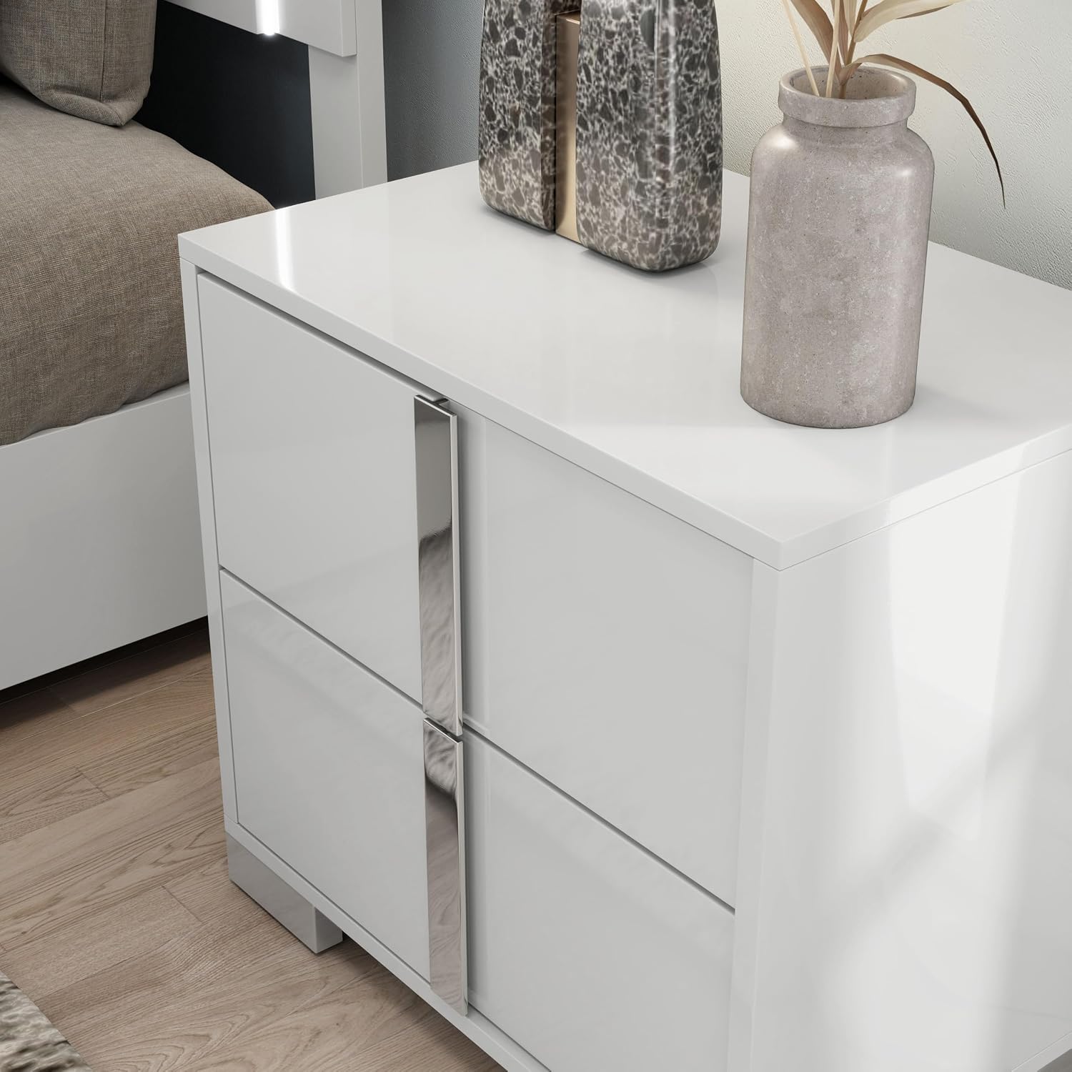 Furniture of America Alistair Modern Wood 3-Piece Bedroom Collection with Bed Frame and 2-Drawer Nightstands Set of 2, Box Spring Required, White, Queen