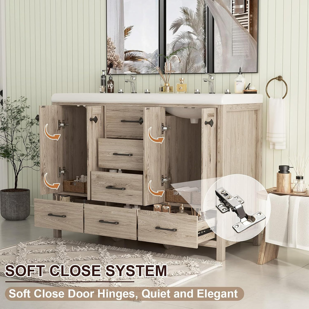 Bathroom Vanity with Sink Combo, 48' Modern Bathroom Storage Cabinet with Double Sink Ceramic, 4 Doors and 5 Drawers, Space-Saving Storage Cabinet, Light Gray Wood