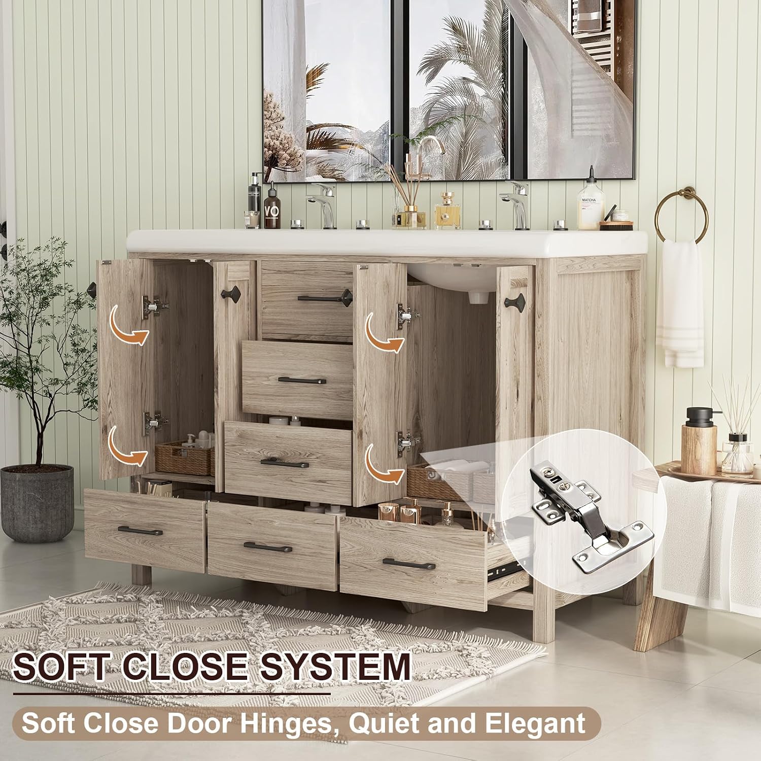 Bathroom Vanity with Sink Combo, 48' Modern Bathroom Storage Cabinet with Double Sink Ceramic, 4 Doors and 5 Drawers, Space-Saving Storage Cabinet, Light Gray Wood