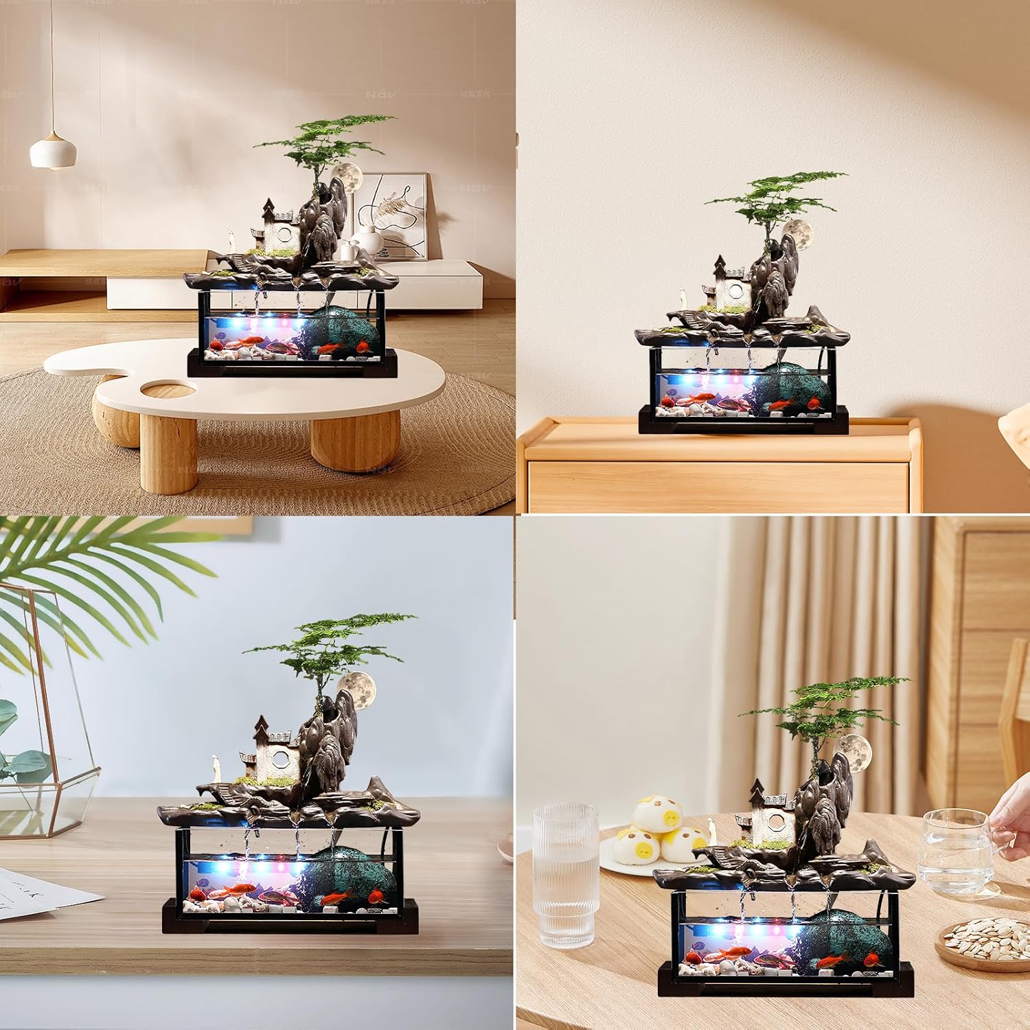 Desktop Ceramic Water Fountain Fish Tank - Adjustable Water Flow with LED Lights | Indoor Decoration Fortune Gifts+15 PCS Free Crystals (Style 5)