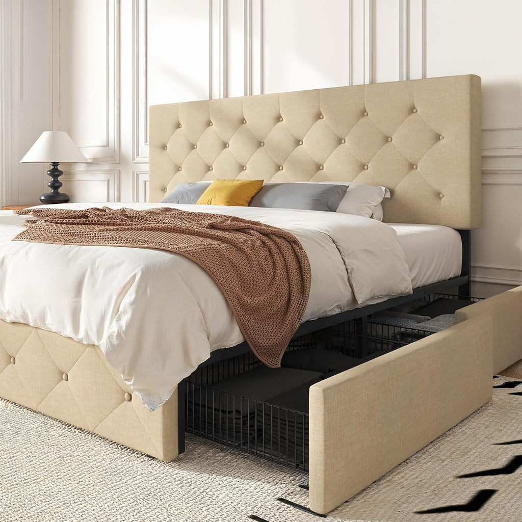 HOOMIC King Platform Storage Bed Frame with 4 Drawers & Adjustable Headboard, Wooden Slats, No Box Spring Needed,Diamond Stitched Button Tufted Design,Beige